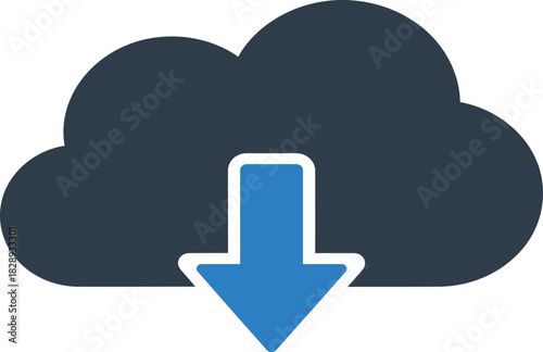 Digital cloud icon with download arrow, symbolizing data transfer and online storage.