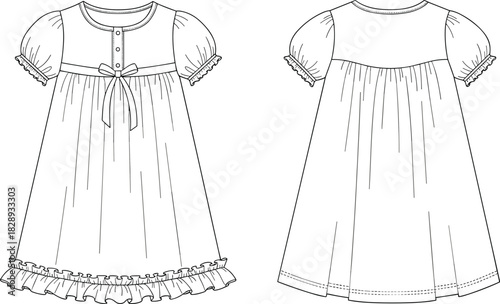 Girl’s puff sleeve dress technical flat sketch, front and back view, ruffle hem, cad drawing, vector illustration, garment design