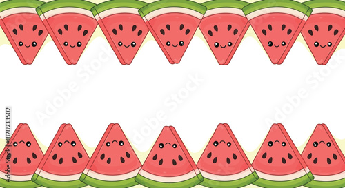 Cute smiling watermelon slices creating a playful summer border