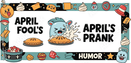 Funny April Fool's Day prank with a pie to the face and playful cartoon characters