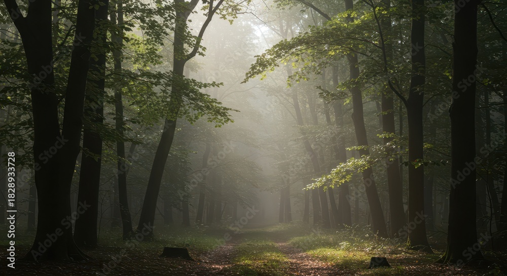 Fototapeta premium Misty morning light filters through a dense, ancient forest canopy, highlighting the wild, undisturbed woodland environment, trunk, towering, tranquil