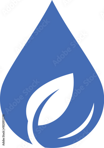 Blue water droplet with green leaf symbolizing environmental sustainability and purity