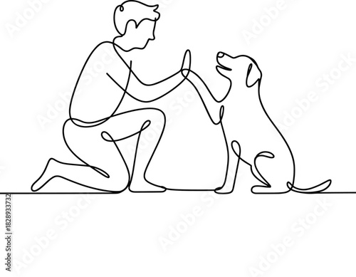 Man and dog high five continuous line drawing friendship