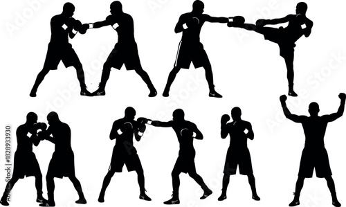 Boxing silhouettes in action poses showing fight, kick, block, and victory gestures for martial arts, sports, and fitness themes.