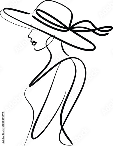 Woman profile in wide brim hat line art vector