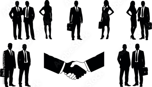 Business professionals silhouettes in teamwork and partnership concept with handshake symbolizing corporate agreement, collaboration, networking, and communication success.
