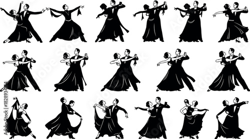 Elegant ballroom dancing couples in classic poses, showcasing waltz, tango, and foxtrot movements for dance education and design projects.