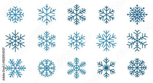 Collection of unique blue snowflake illustrations, perfect for winter holiday designs, seasonal decorations, and frosty background elements