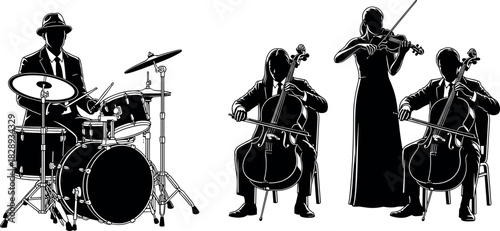 Fusion ensemble of jazz drummer and classical string musicians performing together in black and white vector illustration for music concept