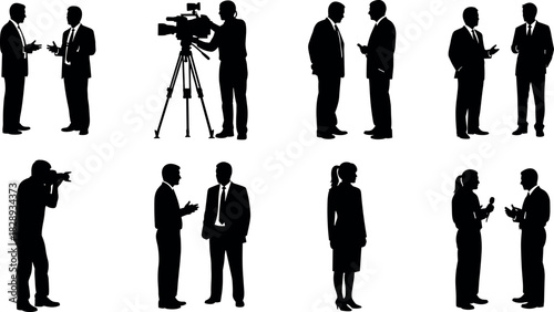 Professional people silhouettes in business communication, media production, filming, photography, teamwork, and corporate interaction isolated on white background vector illustration.
