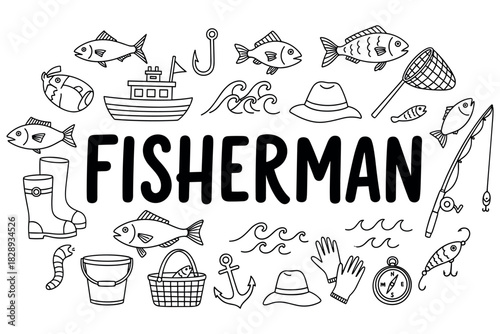 Fisherman icons: fish, rods, boots, and nets in a black and white design