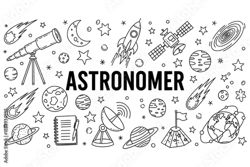 Astronomer theme with space elements: telescope, planets, and rockets