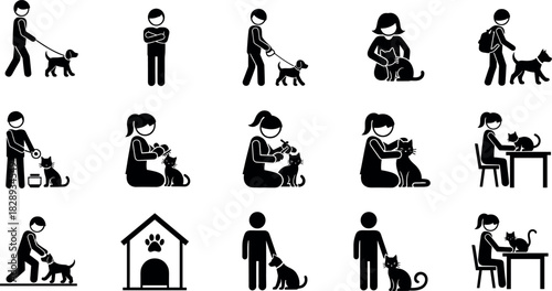 Set of black and white icons showing daily human interactions with cats and dogs in various pet care and companionship activities