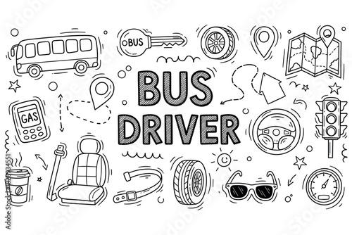 Hand-drawn bus driver icons and elements: steering wheel, traffic light, map, bus, gps