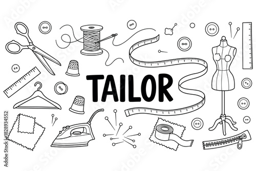 Tailor tools: sewing equipment with scissors, spool, and mannequin illustration