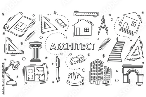 Architectural design tools and elements doodle illustration