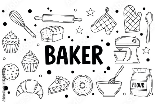 Baker's delight: illustrated baking tools and treats collection
