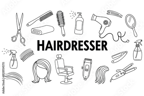 Hairdresser tools and equipment illustration: scissors, comb, hair dryer, spray bottle, mirror