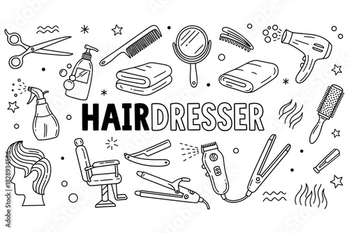 Hairdresser tools set with scissors, comb, hairdryer, and barber chair outline