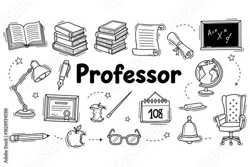 Professor essentials: books, diploma, and academic tools illustrated in black and white