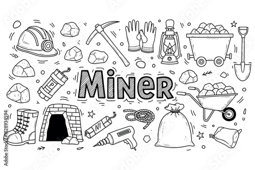 Mining tools and equipment doodle: helmet, pickaxe, cart, drill, explosives, gloves, rope, shovel