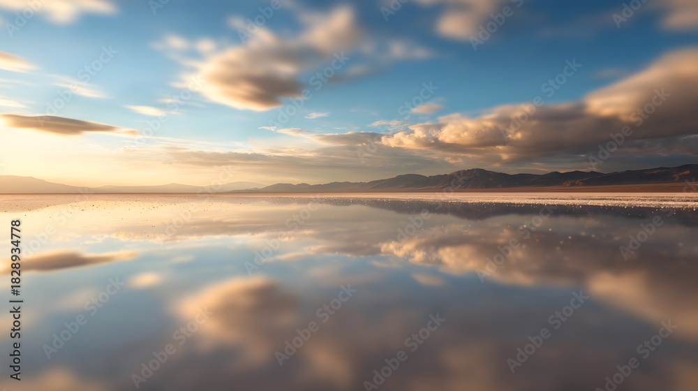 Fototapeta premium Tranquil desert reflection a surreal mirrored landscape bathed in warm golden hour sunlight