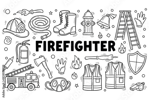 Firefighter tools and equipment in line art style