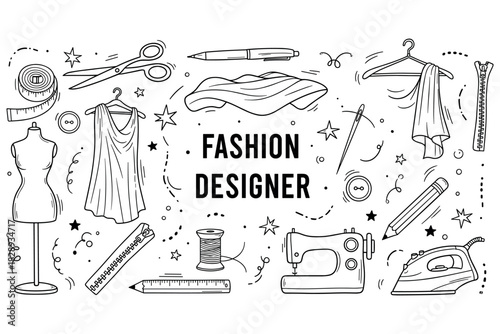 Fashion designer tools: sewing machine, mannequin, and accessories illustration