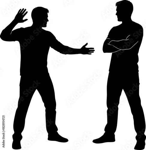 Silhouette of two men in conversation with expressive body language, showing disagreement, communication, and psychological interaction in social context