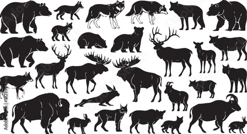 Dynamic Black-and-White Silhouette Compilation of North American Wildlife Featuring Bears, Wolves, Deer, Elk, Moose, Bison, Foxes, and Small Mammals