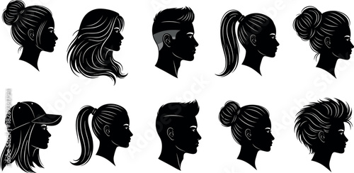 Silhouette vector set of trendy modern hairstyles for men and women in profile view, ideal for fashion and beauty design.