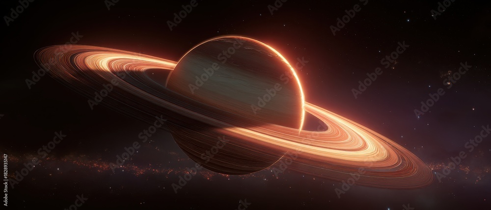 Obraz premium Golden Corona - A Majestic Ringed Planet Illuminated by a Hidden Stars Ethereal Glow.