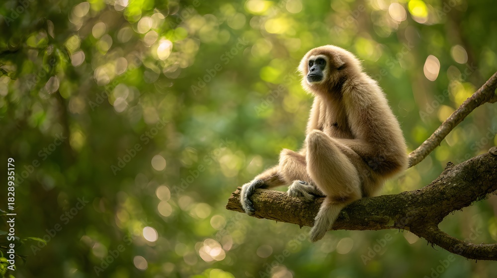 Obraz premium Serene gibbon portrait tranquil rainforest wildlife wallpaper calm animal nature photography peaceful scene