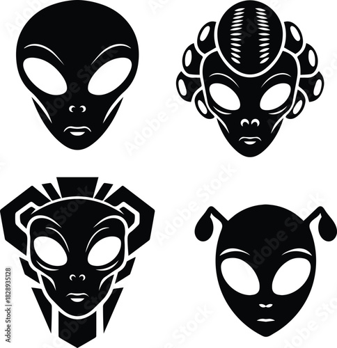 Four Black and White Alien Heads Vector Set for Sci-Fi