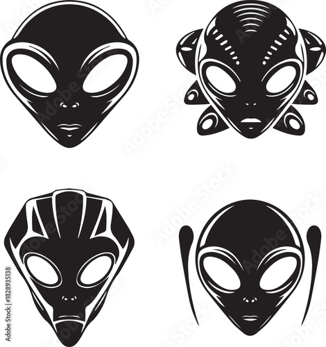 Monochrome Stylized Extraterrestrial Face Collection, UFO Theme