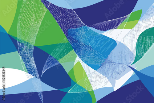 An abstract artwork featuring overlapping shapes and textures in shades of blue and green, creating a dynamic and visually appealing composition suitable for various design applications.