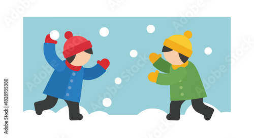 Playful winter fun Two cheerful children enjoying an exciting snowball fight in a snowy landscape, illustrating childhood joy and seasonal outdoor activities