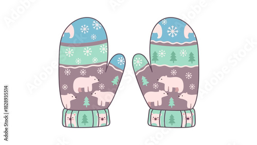 Colorful winter mittens with polar bear and snowflake patterns