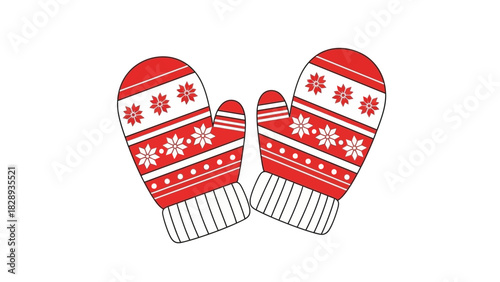 Red and white winter mittens with snowflake pattern on white background