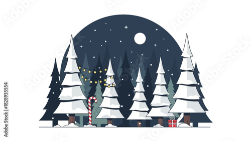 Winter scene with snowy trees moonlit night a candy cane lights and a gift box