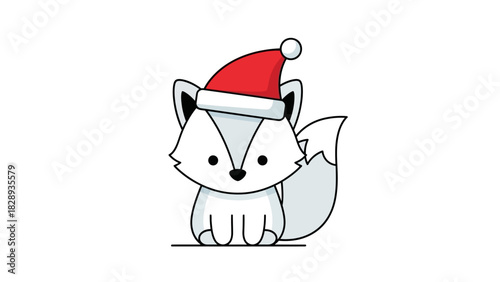 A cartoon arctic fox wears a Santa hat featuring big ears and a fluffy tail