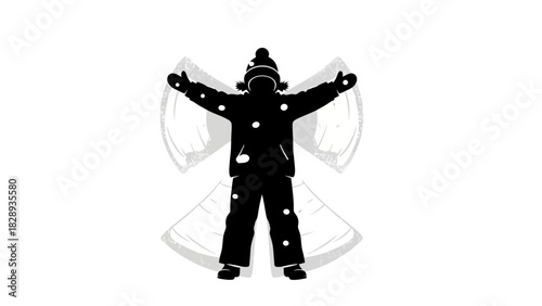 A black silhouette of a child making a snow angel with white snow spots and faint gray angel wings