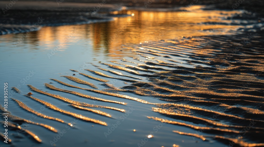 Fototapeta premium Rippling Water Surface with Golden Reflections at Sunset on Beach Shore Featuring Textured Patterns and Calm Waters in Natural Light