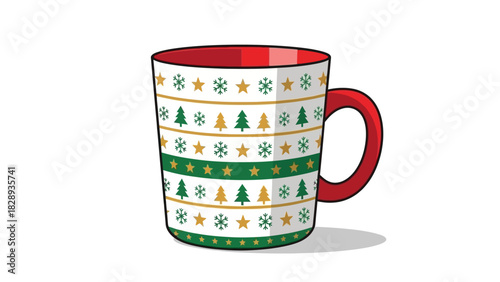 A festive mug with a red rim adorned with Christmas trees snowflakes  stars on a white background