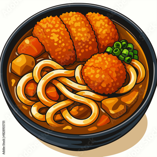 Japanese Curry Udon Noodle Soup Bowl Topped With Fried Pork Cutlet Katsu And Vegetables Meal
