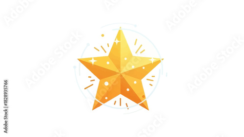 A golden star with highlights and sparkles encircled by a light blue abstract halo and radiating short lines