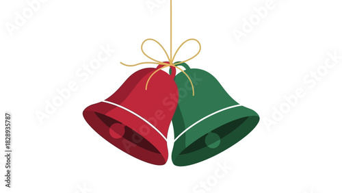 A red and green bell set hangs from a string tied in a bow