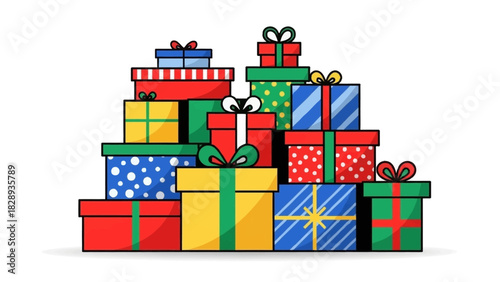 A pile of gift boxes with various designs and colors is stacked high on a white background