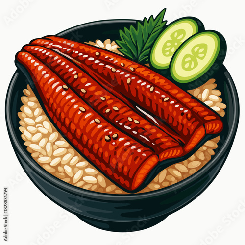 Japanese Grilled Eel Unagi Don Rice Bowl Dish With Cucumber Slices And Sauce Cuisine Illustration
