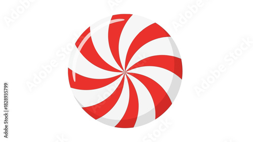 A red and white striped candy disc with a shiny swirled pattern on a white background